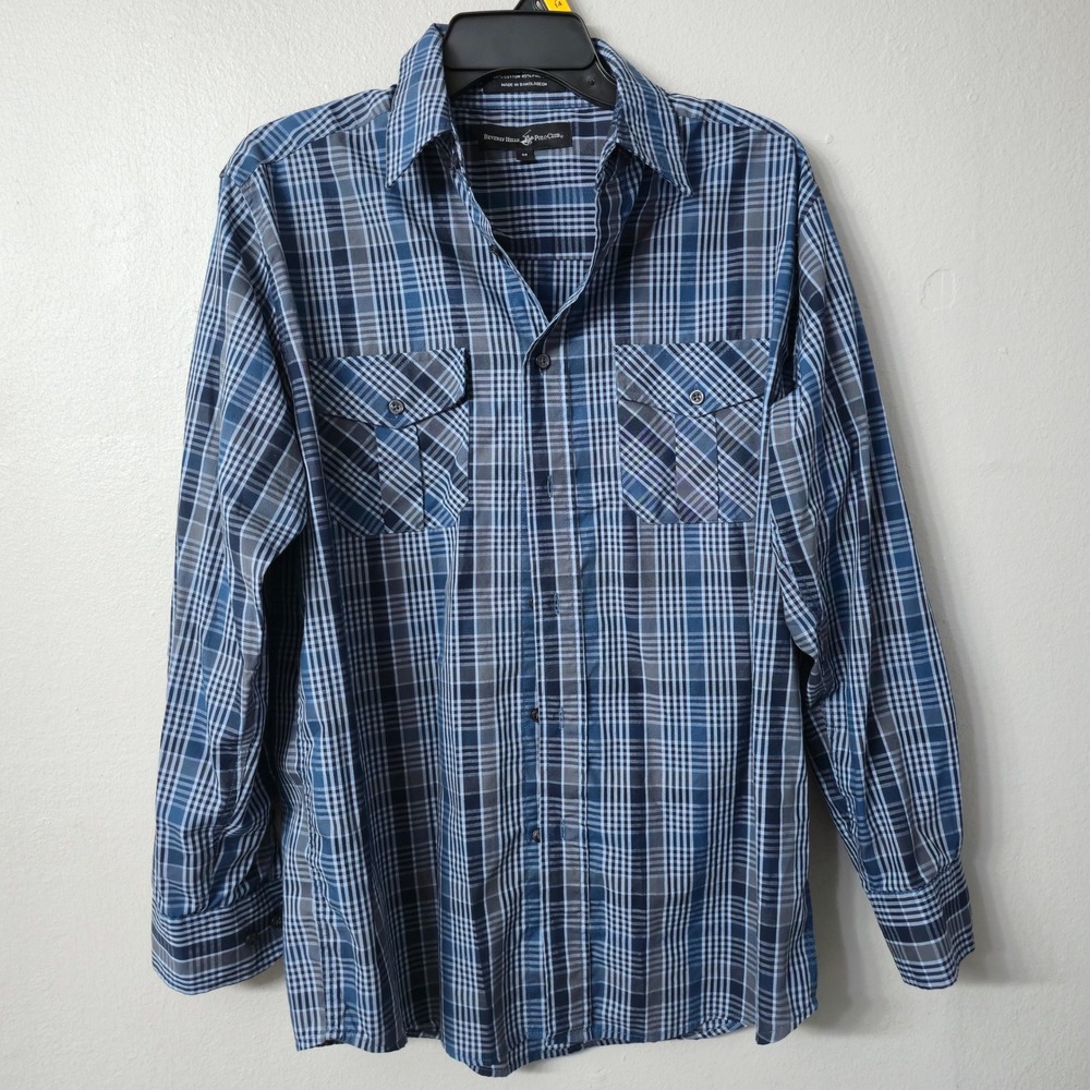 Beverly Hills Polo Club Mens Blue Grey Plaid Long Sleeve Button Down Shirt M